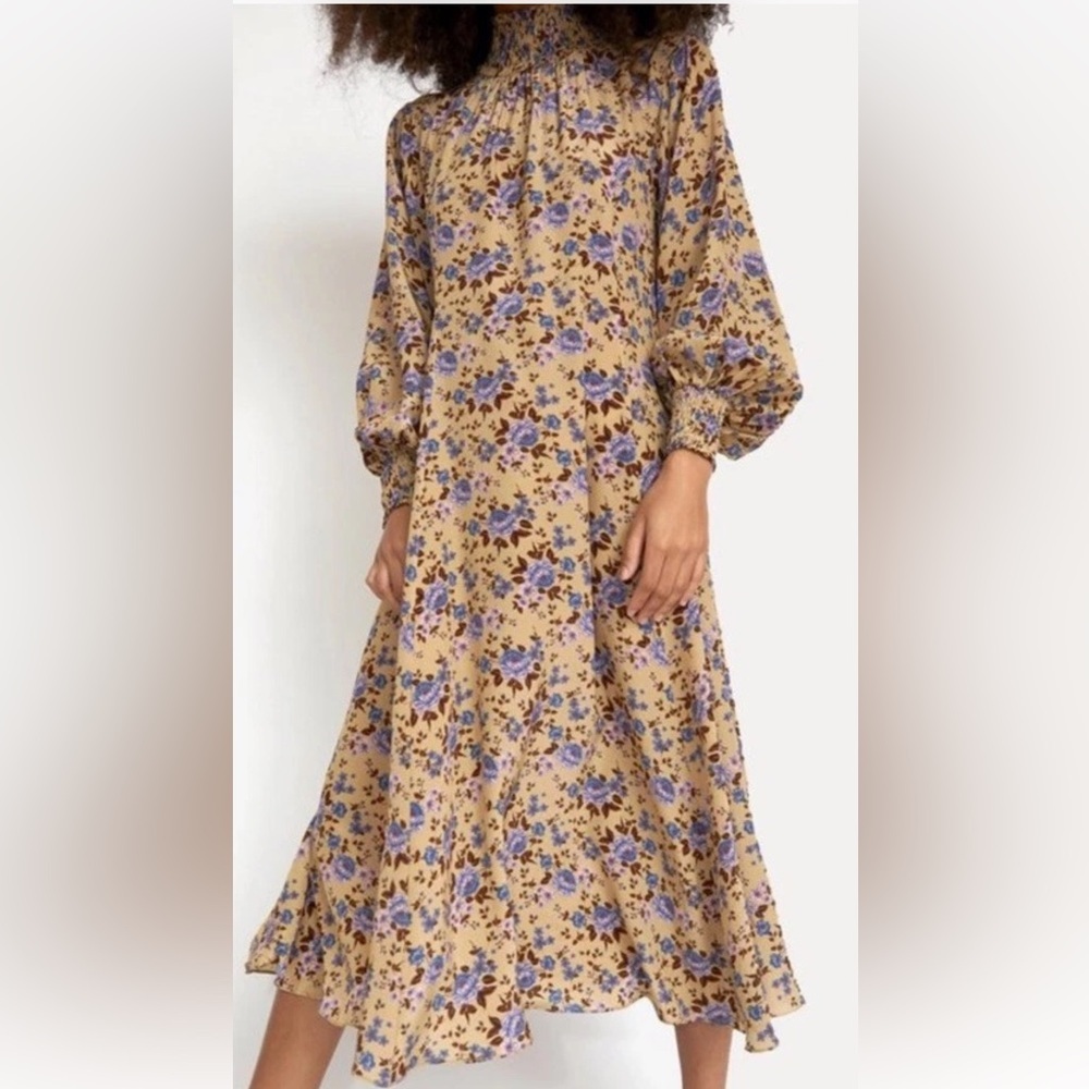 Yellow and Purple Ruffled Tiered Midi Dress with Mock Neck